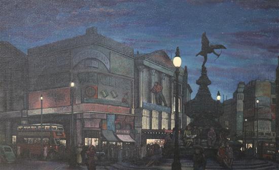 Frank Edward Burnham Hughes NEAC (1905-1987), oil on canvas, Piccadilly Circus, inscribed F Hughes 40 x 60cm